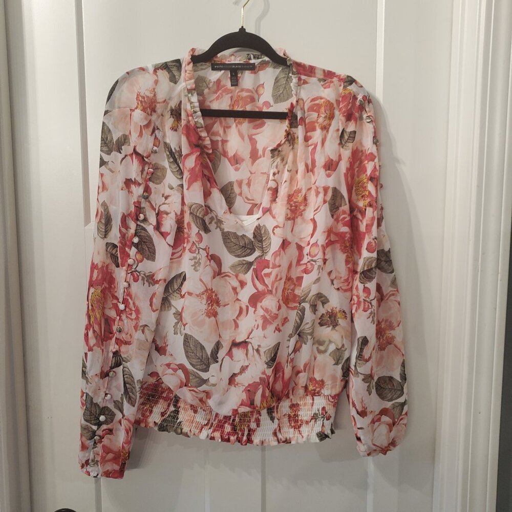 White House Black Market Rose Sheer Blouse- Sz Large
